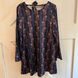 Loveriche Navy and Burgundy Long Sleeve Floral Dress Medium NWT Boho